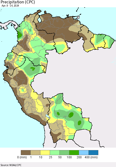 Northern South America Precipitation (CPC) Thematic Map For 4/8/2024 - 4/14/2024