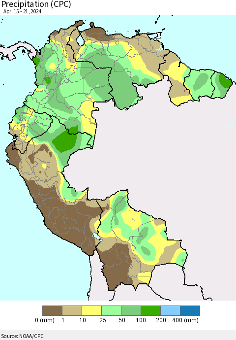 Northern South America Precipitation (CPC) Thematic Map For 4/15/2024 - 4/21/2024