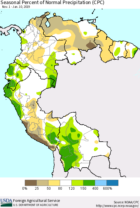 Northern South America Seasonal Percent of Normal Precipitation (CPC) Thematic Map For 11/1/2018 - 1/10/2019
