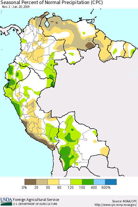Northern South America Seasonal Percent of Normal Precipitation (CPC) Thematic Map For 11/1/2018 - 1/20/2019