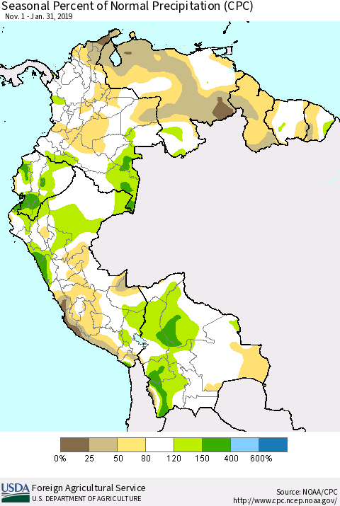 Northern South America Seasonal Percent of Normal Precipitation (CPC) Thematic Map For 11/1/2018 - 1/31/2019