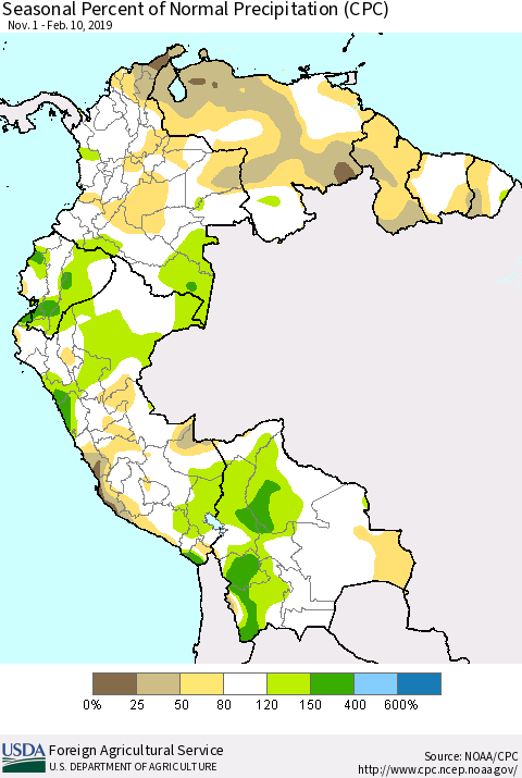 Northern South America Seasonal Percent of Normal Precipitation (CPC) Thematic Map For 11/1/2018 - 2/10/2019