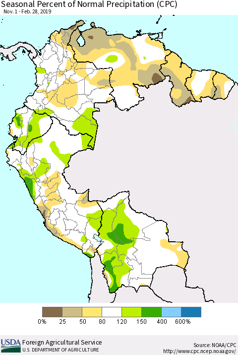 Northern South America Seasonal Percent of Normal Precipitation (CPC) Thematic Map For 11/1/2018 - 2/28/2019