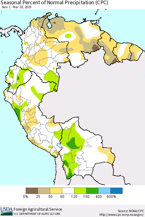 Northern South America Seasonal Percent of Normal Precipitation (CPC) Thematic Map For 11/1/2018 - 3/10/2019