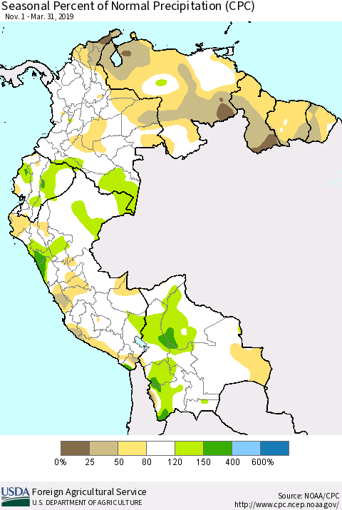 Northern South America Seasonal Percent of Normal Precipitation (CPC) Thematic Map For 11/1/2018 - 3/31/2019