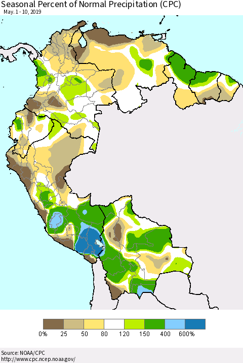 Northern South America Seasonal Percent of Normal Precipitation (CPC) Thematic Map For 5/1/2019 - 5/10/2019