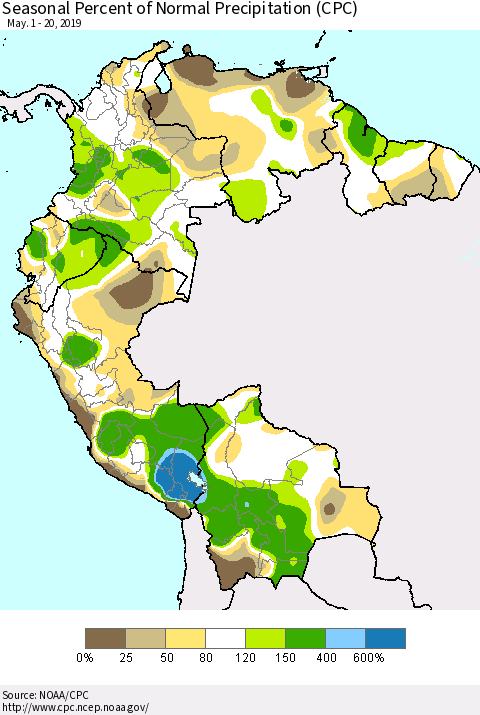 Northern South America Seasonal Percent of Normal Precipitation (CPC) Thematic Map For 5/1/2019 - 5/20/2019