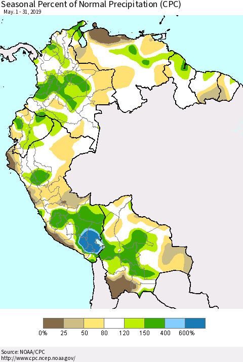 Northern South America Seasonal Percent of Normal Precipitation (CPC) Thematic Map For 5/1/2019 - 5/31/2019