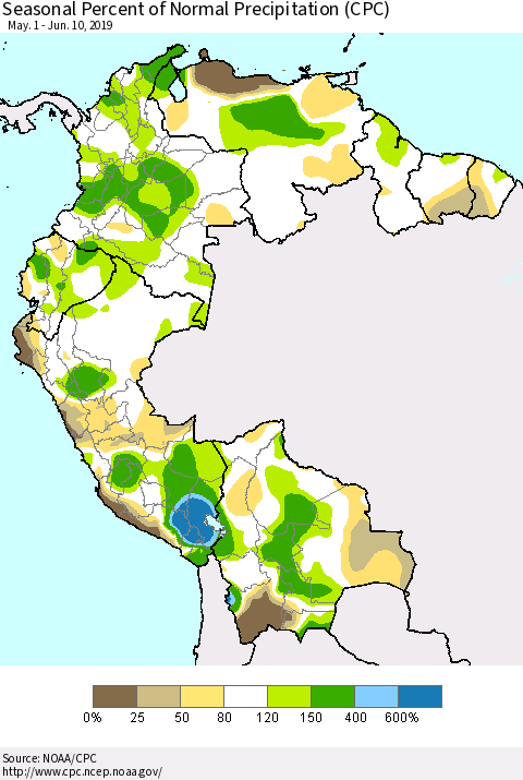 Northern South America Seasonal Percent of Normal Precipitation (CPC) Thematic Map For 5/1/2019 - 6/10/2019