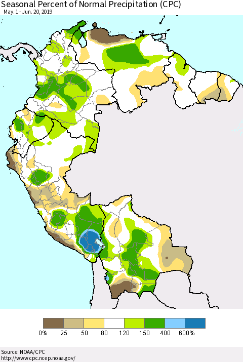Northern South America Seasonal Percent of Normal Precipitation (CPC) Thematic Map For 5/1/2019 - 6/20/2019