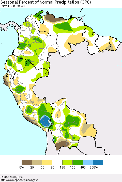 Northern South America Seasonal Percent of Normal Precipitation (CPC) Thematic Map For 5/1/2019 - 6/30/2019
