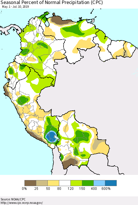 Northern South America Seasonal Percent of Normal Precipitation (CPC) Thematic Map For 5/1/2019 - 7/10/2019