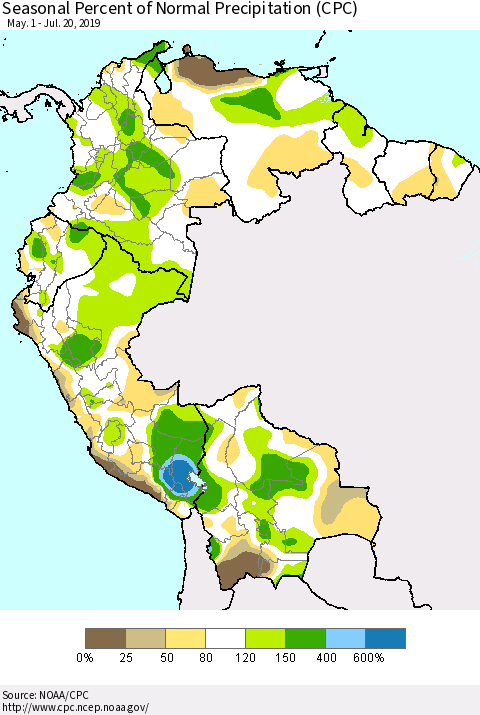 Northern South America Seasonal Percent of Normal Precipitation (CPC) Thematic Map For 5/1/2019 - 7/20/2019