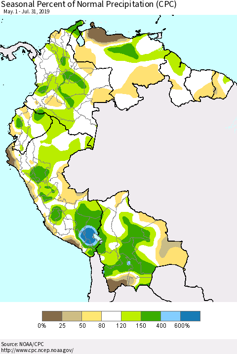 Northern South America Seasonal Percent of Normal Precipitation (CPC) Thematic Map For 5/1/2019 - 7/31/2019