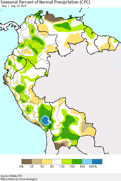 Northern South America Seasonal Percent of Normal Precipitation (CPC) Thematic Map For 5/1/2019 - 8/10/2019