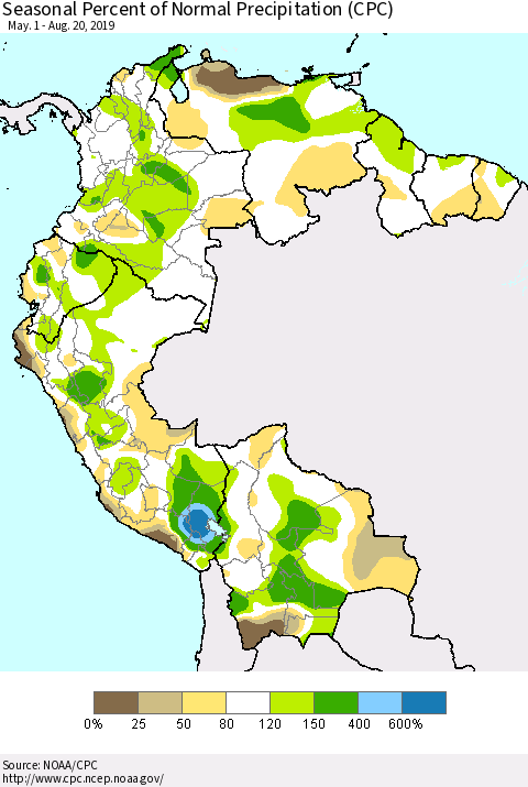 Northern South America Seasonal Percent of Normal Precipitation (CPC) Thematic Map For 5/1/2019 - 8/20/2019