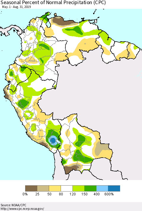 Northern South America Seasonal Percent of Normal Precipitation (CPC) Thematic Map For 5/1/2019 - 8/31/2019