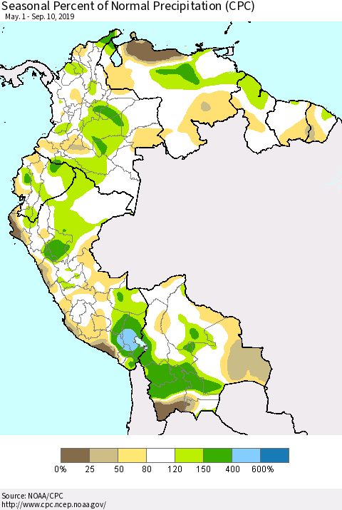 Northern South America Seasonal Percent of Normal Precipitation (CPC) Thematic Map For 5/1/2019 - 9/10/2019