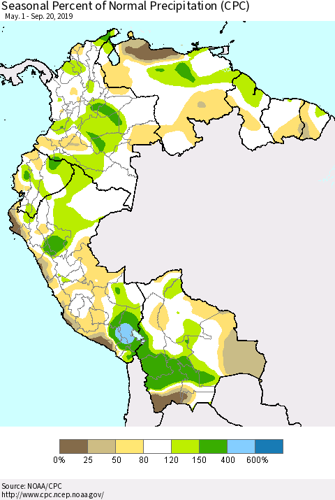 Northern South America Seasonal Percent of Normal Precipitation (CPC) Thematic Map For 5/1/2019 - 9/20/2019