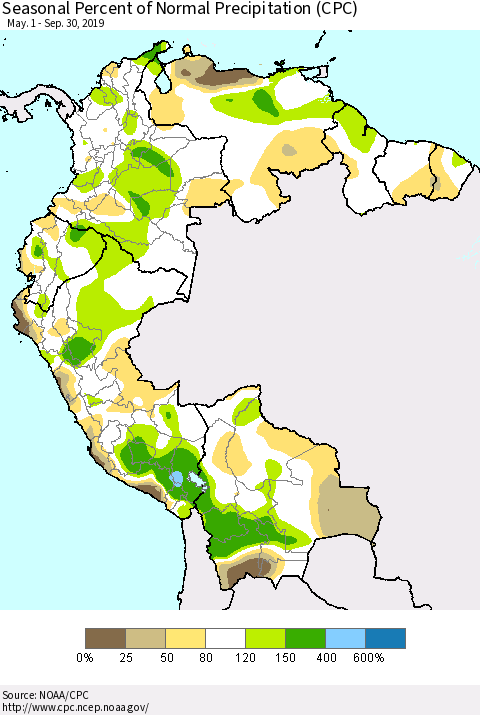 Northern South America Seasonal Percent of Normal Precipitation (CPC) Thematic Map For 5/1/2019 - 9/30/2019
