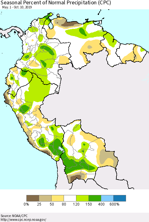 Northern South America Seasonal Percent of Normal Precipitation (CPC) Thematic Map For 5/1/2019 - 10/10/2019