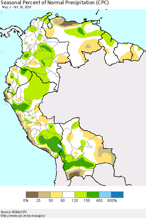 Northern South America Seasonal Percent of Normal Precipitation (CPC) Thematic Map For 5/1/2019 - 10/20/2019