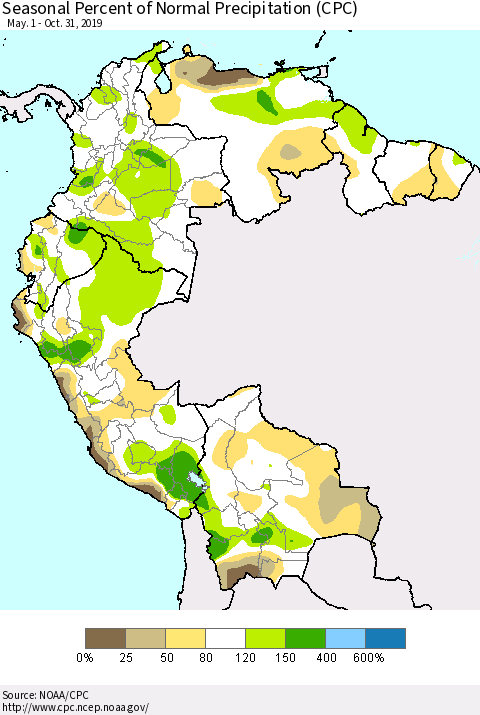 Northern South America Seasonal Percent of Normal Precipitation (CPC) Thematic Map For 5/1/2019 - 10/31/2019