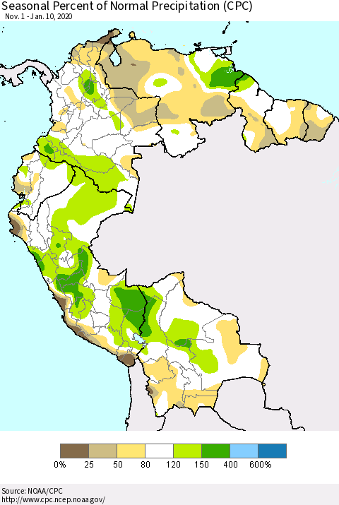 Northern South America Seasonal Percent of Normal Precipitation (CPC) Thematic Map For 11/1/2019 - 1/10/2020