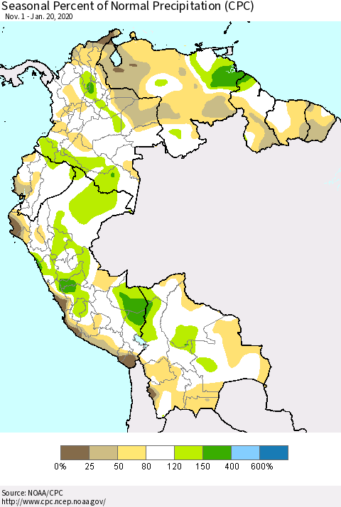 Northern South America Seasonal Percent of Normal Precipitation (CPC) Thematic Map For 11/1/2019 - 1/20/2020