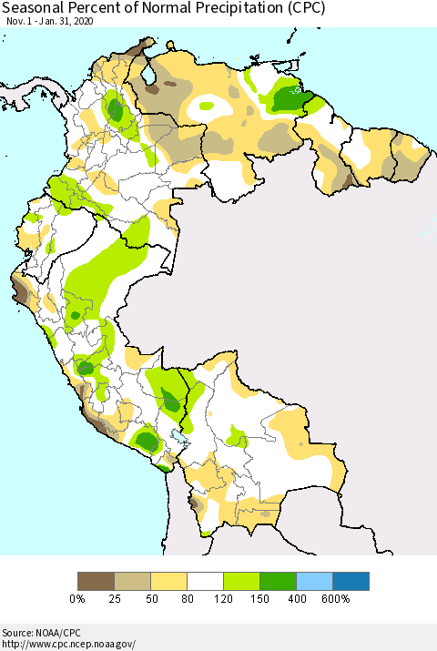 Northern South America Seasonal Percent of Normal Precipitation (CPC) Thematic Map For 11/1/2019 - 1/31/2020