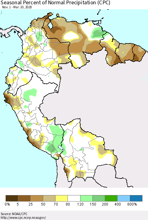 Northern South America Seasonal Percent of Normal Precipitation (CPC) Thematic Map For 11/1/2019 - 3/10/2020