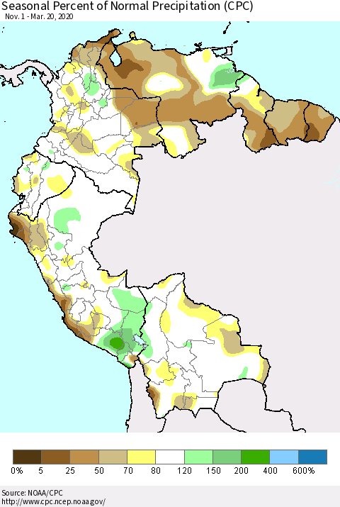 Northern South America Seasonal Percent of Normal Precipitation (CPC) Thematic Map For 11/1/2019 - 3/20/2020