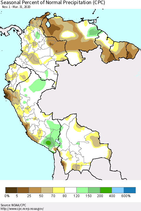Northern South America Seasonal Percent of Normal Precipitation (CPC) Thematic Map For 11/1/2019 - 3/31/2020