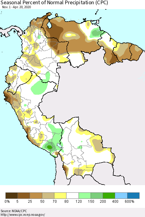 Northern South America Seasonal Percent of Normal Precipitation (CPC) Thematic Map For 11/1/2019 - 4/20/2020