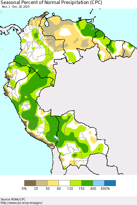 Northern South America Seasonal Percent of Normal Precipitation (CPC) Thematic Map For 11/1/2019 - 12/20/2019