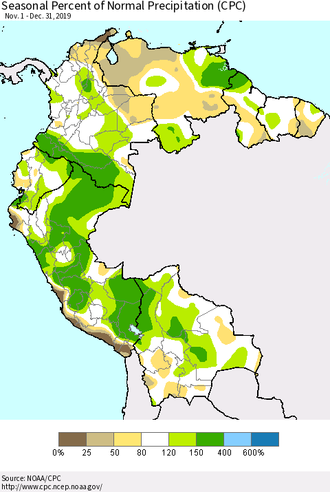 Northern South America Seasonal Percent of Normal Precipitation (CPC) Thematic Map For 11/1/2019 - 12/31/2019