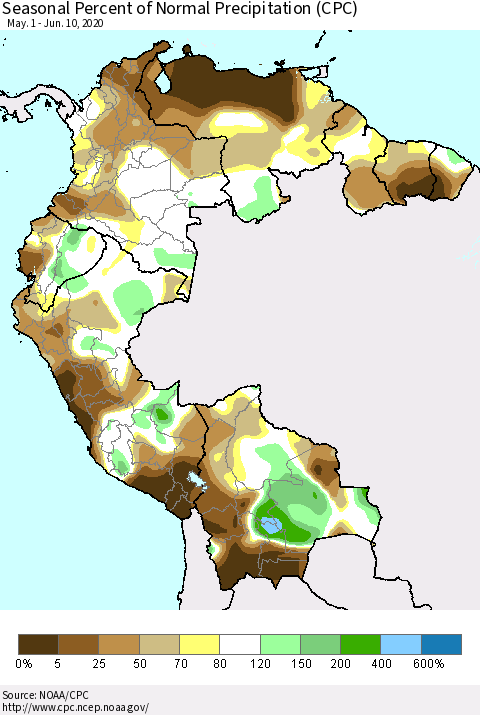 Northern South America Seasonal Percent of Normal Precipitation (CPC) Thematic Map For 5/1/2020 - 6/10/2020