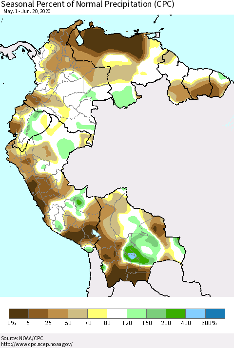 Northern South America Seasonal Percent of Normal Precipitation (CPC) Thematic Map For 5/1/2020 - 6/20/2020