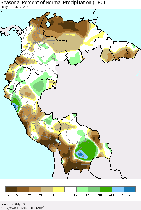 Northern South America Seasonal Percent of Normal Precipitation (CPC) Thematic Map For 5/1/2020 - 7/10/2020