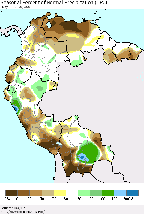 Northern South America Seasonal Percent of Normal Precipitation (CPC) Thematic Map For 5/1/2020 - 7/20/2020