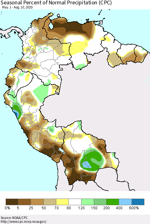 Northern South America Seasonal Percent of Normal Precipitation (CPC) Thematic Map For 5/1/2020 - 8/10/2020