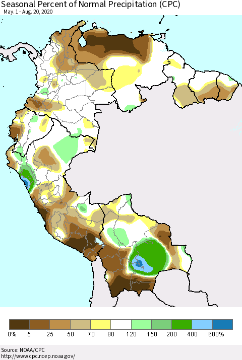 Northern South America Seasonal Percent of Normal Precipitation (CPC) Thematic Map For 5/1/2020 - 8/20/2020