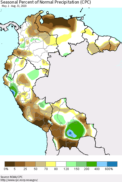 Northern South America Seasonal Percent of Normal Precipitation (CPC) Thematic Map For 5/1/2020 - 8/31/2020
