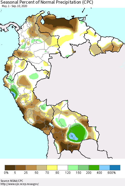 Northern South America Seasonal Percent of Normal Precipitation (CPC) Thematic Map For 5/1/2020 - 9/10/2020