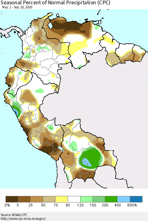 Northern South America Seasonal Percent of Normal Precipitation (CPC) Thematic Map For 5/1/2020 - 9/20/2020