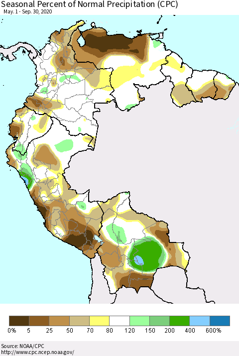 Northern South America Seasonal Percent of Normal Precipitation (CPC) Thematic Map For 5/1/2020 - 9/30/2020