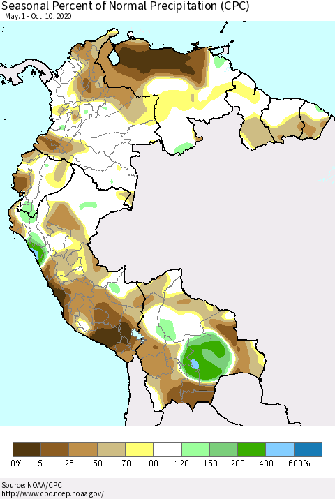 Northern South America Seasonal Percent of Normal Precipitation (CPC) Thematic Map For 5/1/2020 - 10/10/2020