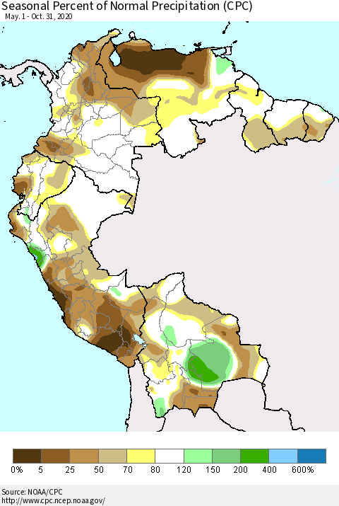 Northern South America Seasonal Percent of Normal Precipitation (CPC) Thematic Map For 5/1/2020 - 10/31/2020
