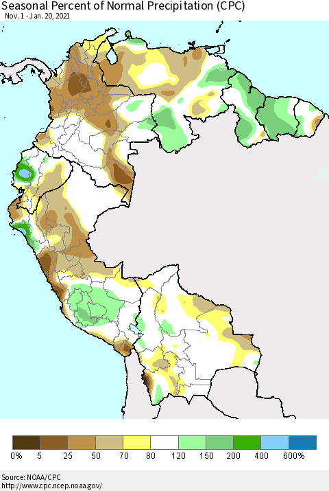 Northern South America Seasonal Percent of Normal Precipitation (CPC) Thematic Map For 11/1/2020 - 1/20/2021