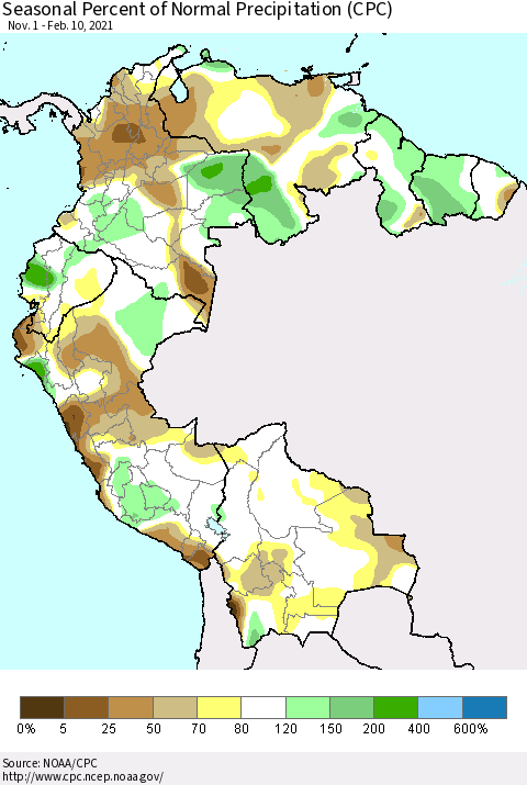 Northern South America Seasonal Percent of Normal Precipitation (CPC) Thematic Map For 11/1/2020 - 2/10/2021